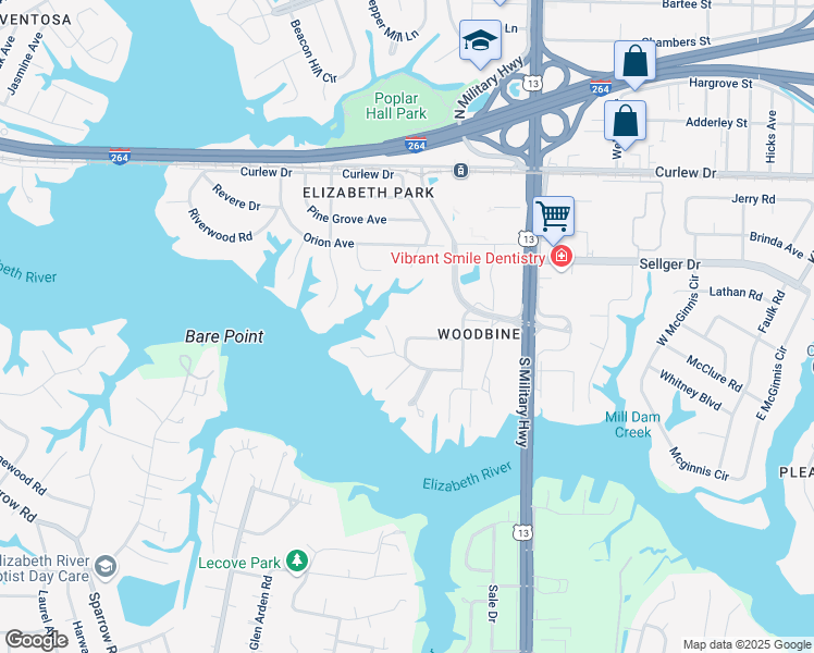 map of restaurants, bars, coffee shops, grocery stores, and more near 5504 Levine Court in Norfolk