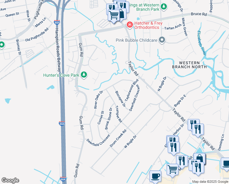 map of restaurants, bars, coffee shops, grocery stores, and more near 3141 Biscayne Drive in Chesapeake