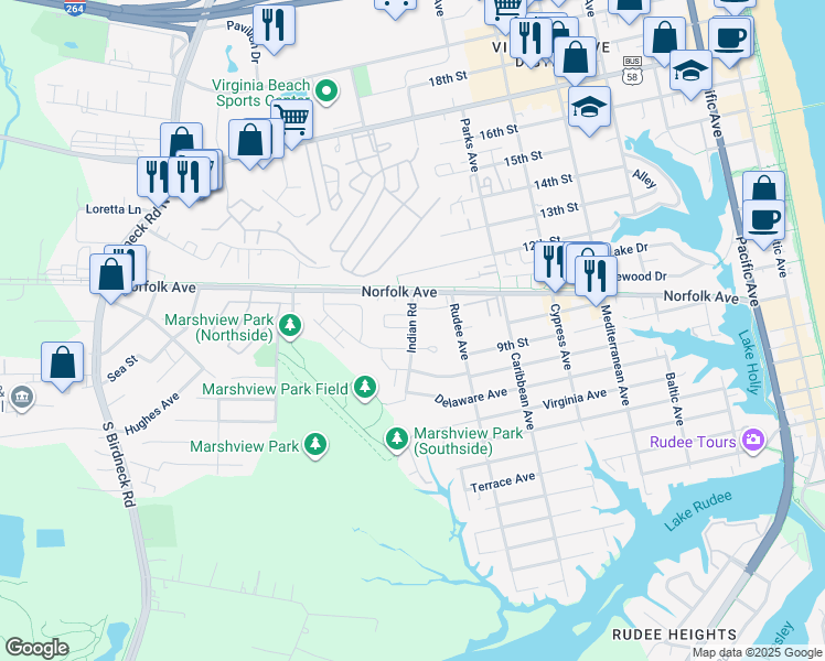 map of restaurants, bars, coffee shops, grocery stores, and more near 1180 Indian Road in Virginia Beach