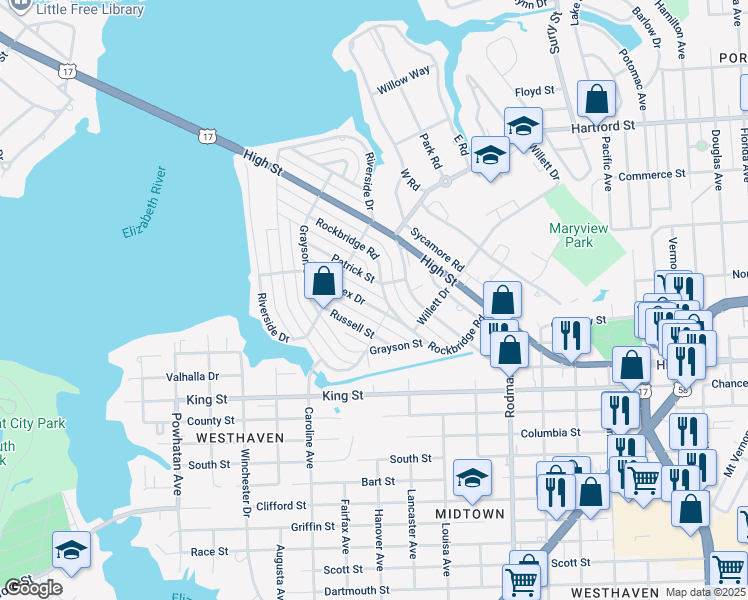map of restaurants, bars, coffee shops, grocery stores, and more near 406 Sussex Dr in Portsmouth