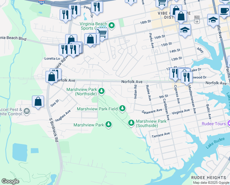 map of restaurants, bars, coffee shops, grocery stores, and more near 1105 Lands End Way in Virginia Beach