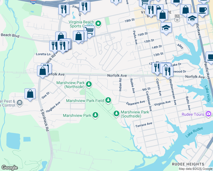 map of restaurants, bars, coffee shops, grocery stores, and more near 433 Marsh Duck Way in Virginia Beach