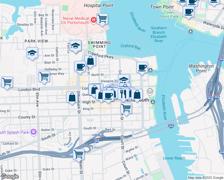 map of restaurants, bars, coffee shops, grocery stores, and more near 420 London Street in Portsmouth