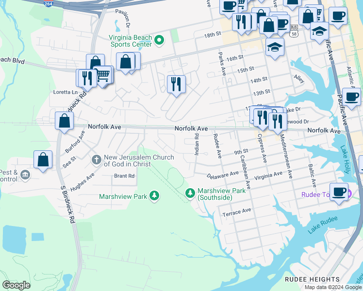 map of restaurants, bars, coffee shops, grocery stores, and more near 1180 Indian Road in Virginia Beach