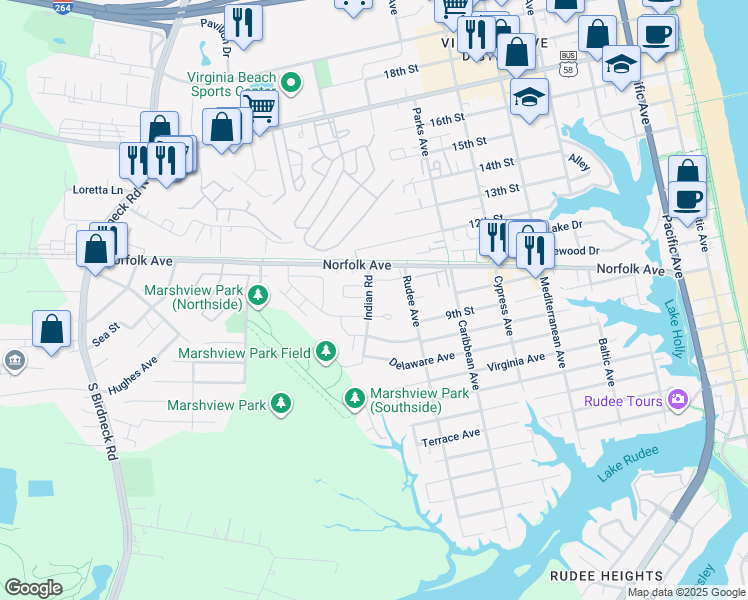 map of restaurants, bars, coffee shops, grocery stores, and more near 1009 Indian Road in Virginia Beach