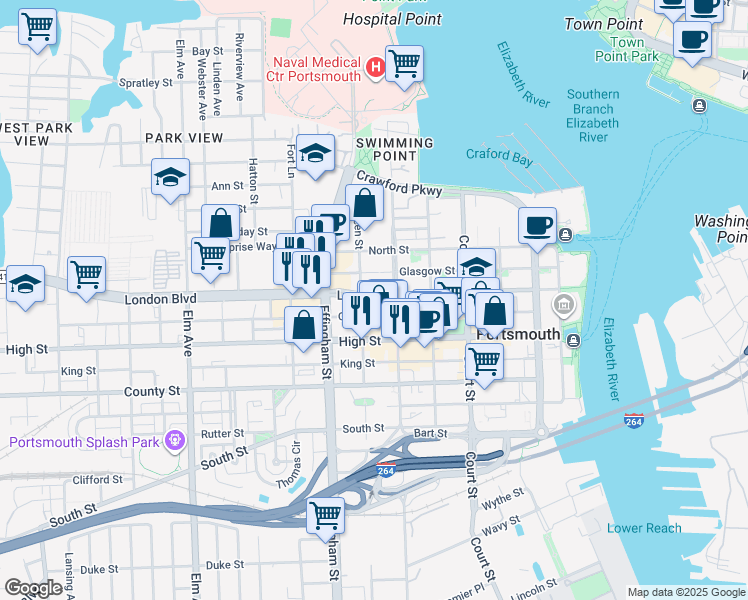 map of restaurants, bars, coffee shops, grocery stores, and more near 619 London Street in Portsmouth