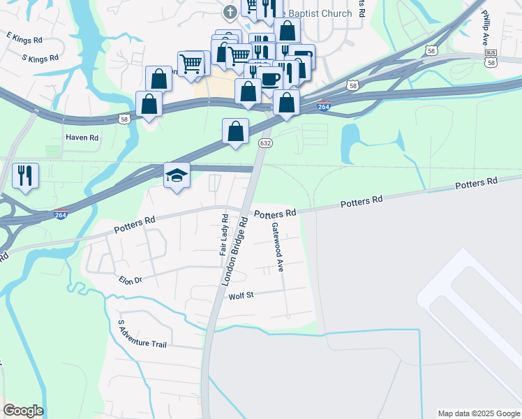 map of restaurants, bars, coffee shops, grocery stores, and more near 2244 Potters Road in Virginia Beach
