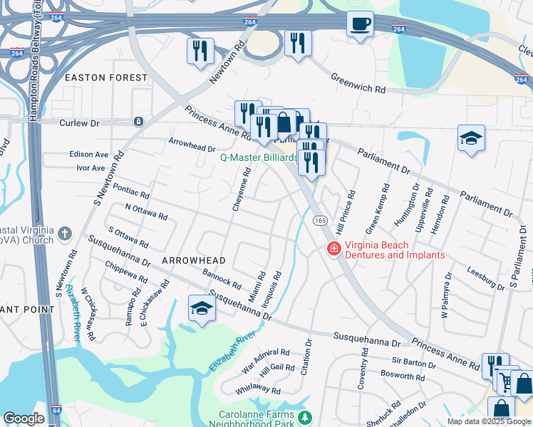 map of restaurants, bars, coffee shops, grocery stores, and more near 5617 Comanche Road in Virginia Beach