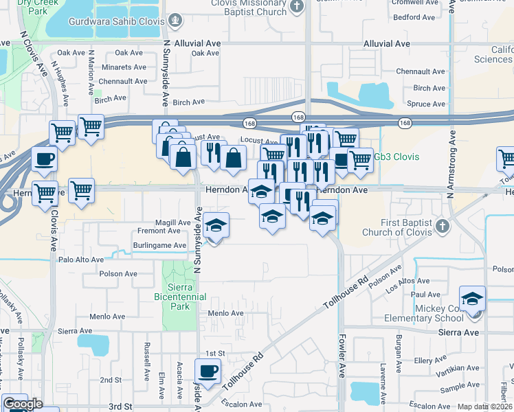 map of restaurants, bars, coffee shops, grocery stores, and more near 1470 Herndon Avenue in Clovis