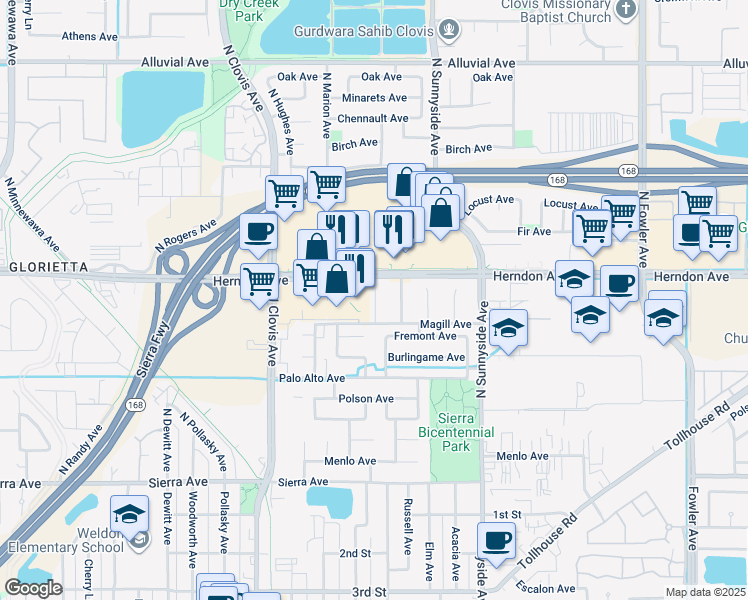 map of restaurants, bars, coffee shops, grocery stores, and more near 354 North Phillip Avenue in Clovis