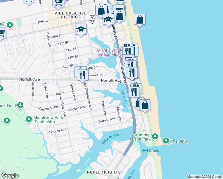 map of restaurants, bars, coffee shops, grocery stores, and more near 817 Arctic Avenue in Virginia Beach