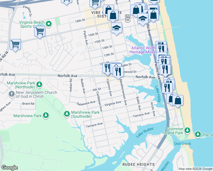 map of restaurants, bars, coffee shops, grocery stores, and more near 636 10th Street in Virginia Beach