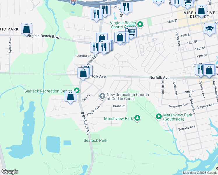 map of restaurants, bars, coffee shops, grocery stores, and more near 119 Saw Grass Bend in Virginia Beach