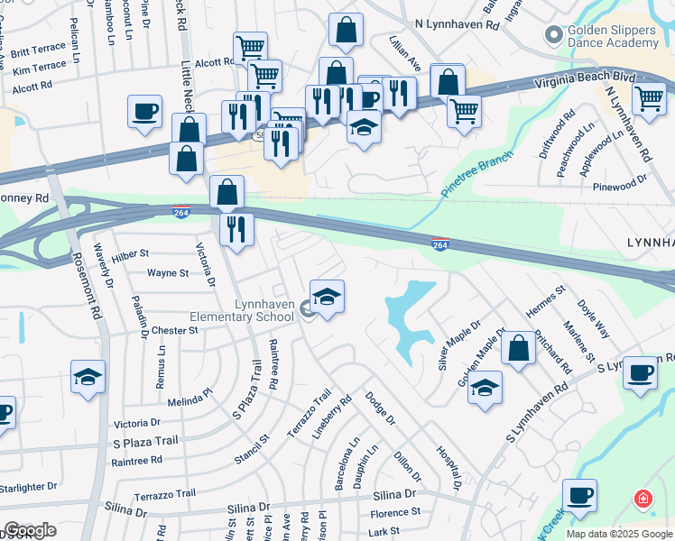 map of restaurants, bars, coffee shops, grocery stores, and more near 3309 Rainier Court in Virginia Beach