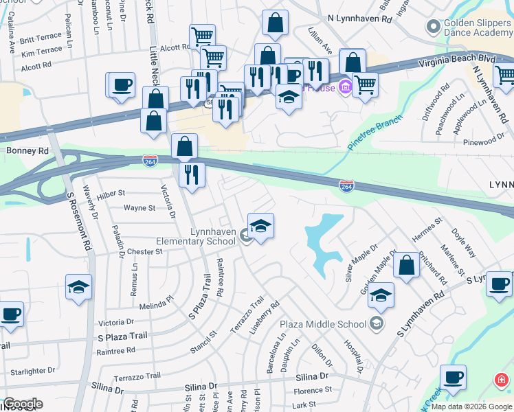 map of restaurants, bars, coffee shops, grocery stores, and more near 3309 Rainier Court in Virginia Beach