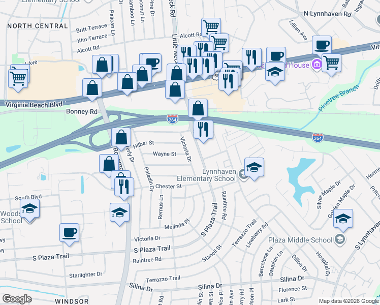 map of restaurants, bars, coffee shops, grocery stores, and more near 144 Victoria Drive in Virginia Beach