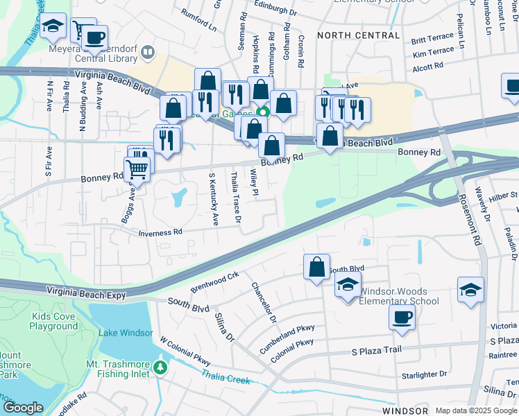 map of restaurants, bars, coffee shops, grocery stores, and more near 3907 Pollypine Drive in Virginia Beach