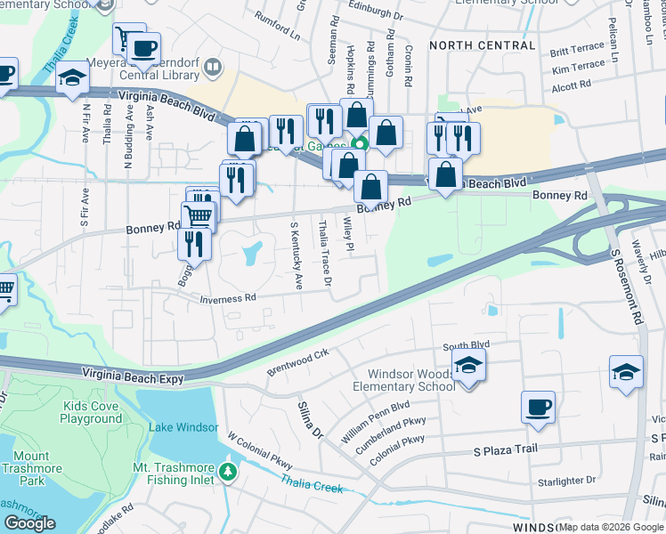 map of restaurants, bars, coffee shops, grocery stores, and more near 3952 Pollypine Drive in Virginia Beach