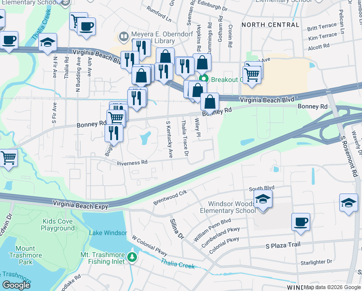 map of restaurants, bars, coffee shops, grocery stores, and more near 3918 Thalia Trace Court in Virginia Beach
