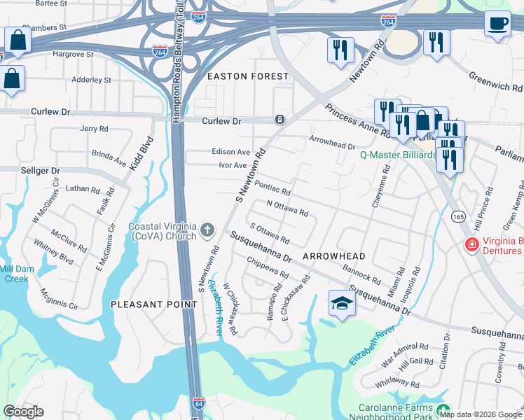 map of restaurants, bars, coffee shops, grocery stores, and more near 5816 North Ottawa Road in Virginia Beach