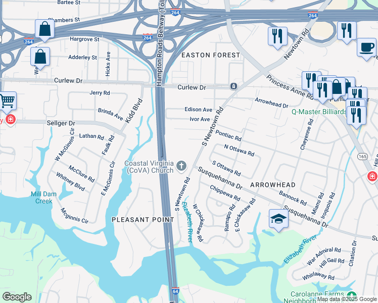 map of restaurants, bars, coffee shops, grocery stores, and more near 6121 Lyndhurst Avenue in Norfolk