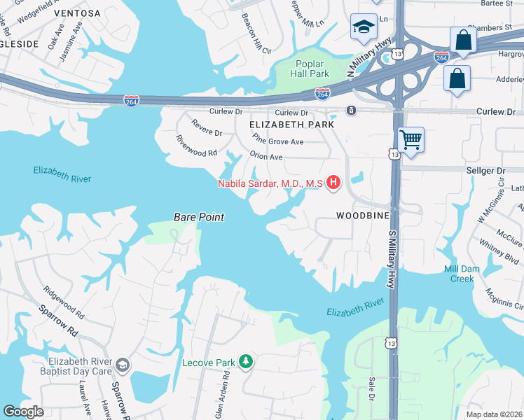 map of restaurants, bars, coffee shops, grocery stores, and more near 260 Huntsman Road in Norfolk