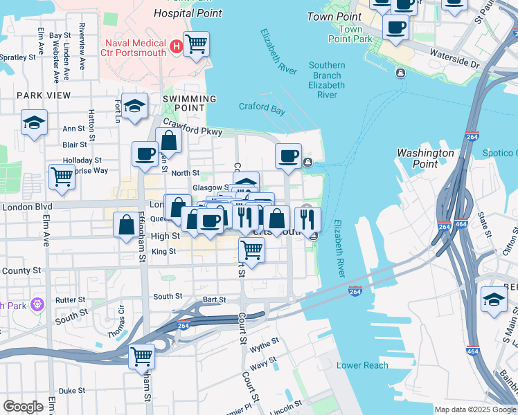 map of restaurants, bars, coffee shops, grocery stores, and more near 218 London Street in Portsmouth