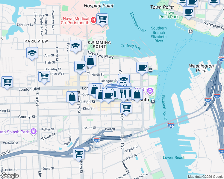 map of restaurants, bars, coffee shops, grocery stores, and more near 420 London Street in Portsmouth