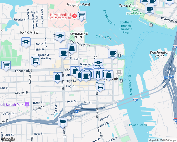 map of restaurants, bars, coffee shops, grocery stores, and more near 420 London Street in Portsmouth