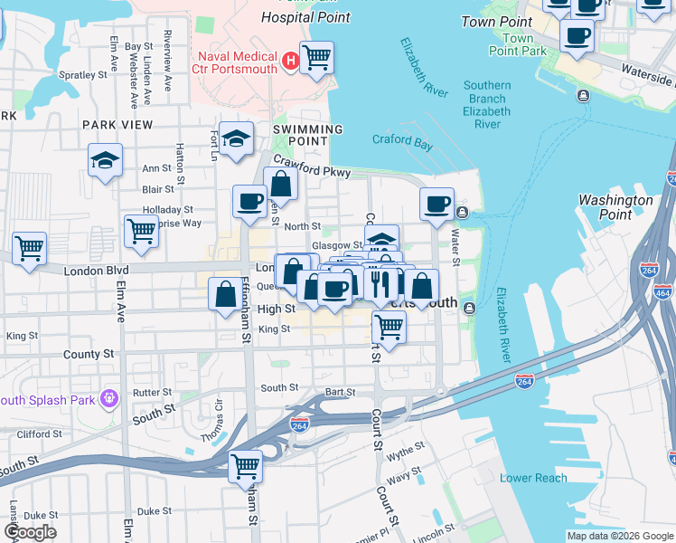 map of restaurants, bars, coffee shops, grocery stores, and more near 420 London Street in Portsmouth