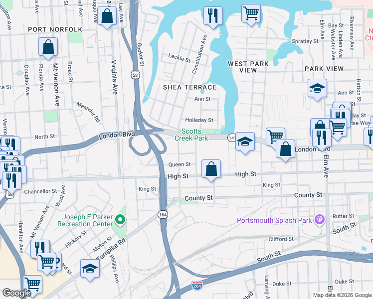 map of restaurants, bars, coffee shops, grocery stores, and more near 406 Jamestown Avenue in Portsmouth