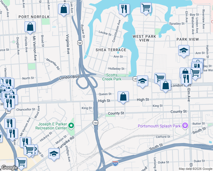 map of restaurants, bars, coffee shops, grocery stores, and more near 2117 London Boulevard in Portsmouth