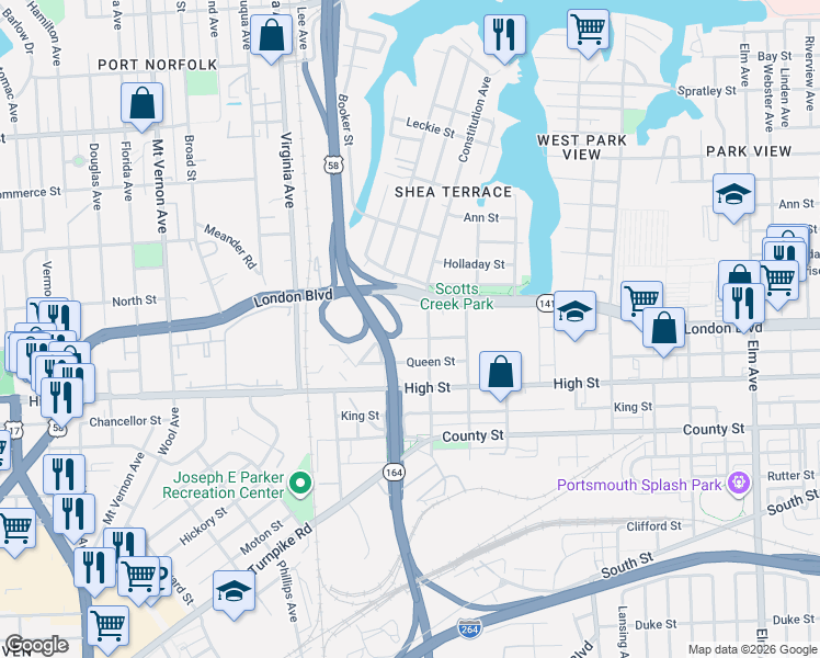 map of restaurants, bars, coffee shops, grocery stores, and more near 2117 London Boulevard in Portsmouth
