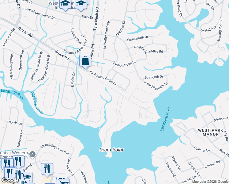 map of restaurants, bars, coffee shops, grocery stores, and more near 3834 Sir Francis Drake Drive in Chesapeake