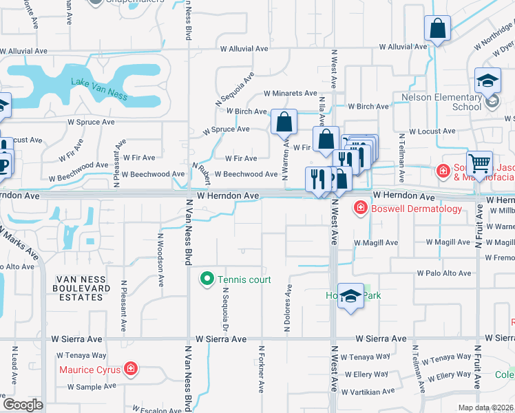 map of restaurants, bars, coffee shops, grocery stores, and more near 2209 West Warner Avenue in Fresno