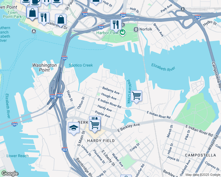 map of restaurants, bars, coffee shops, grocery stores, and more near 134 Bellamy Avenue in Norfolk