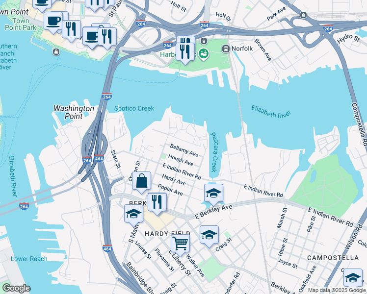 map of restaurants, bars, coffee shops, grocery stores, and more near 134 Bellamy Avenue in Norfolk