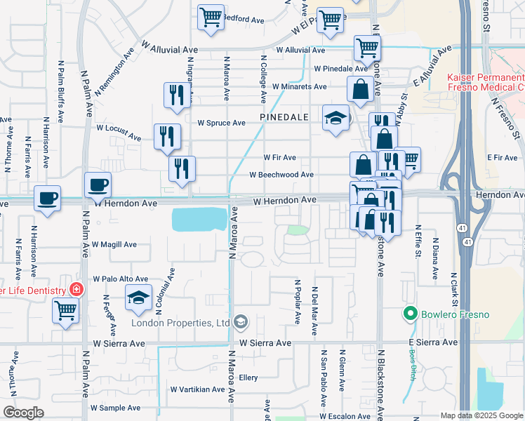 map of restaurants, bars, coffee shops, grocery stores, and more near 321 West Herndon Avenue in Fresno