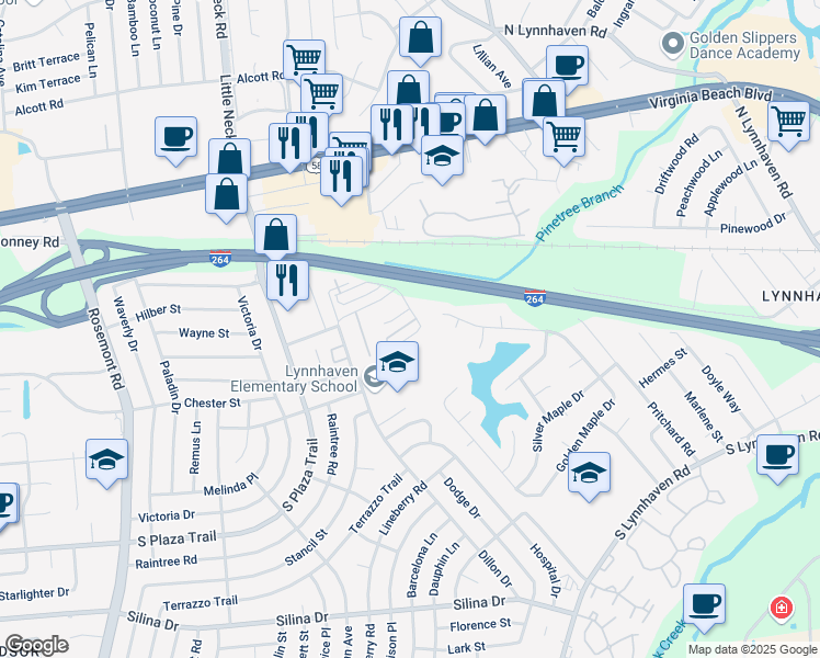 map of restaurants, bars, coffee shops, grocery stores, and more near 3309 Rainier Court in Virginia Beach