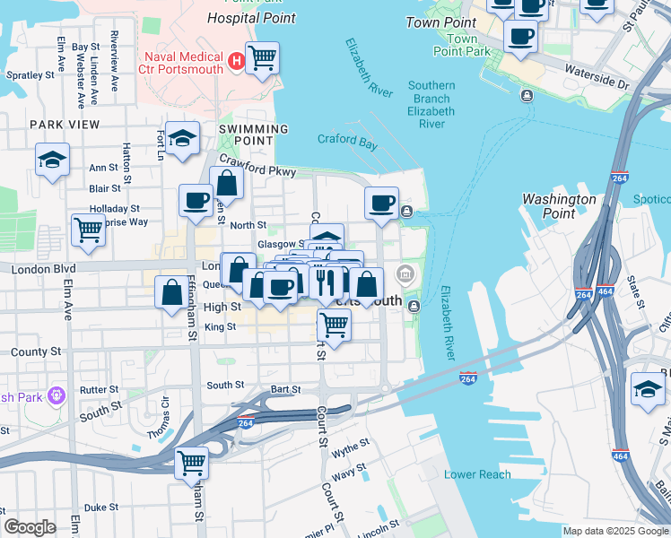 map of restaurants, bars, coffee shops, grocery stores, and more near 328 London Street in Portsmouth