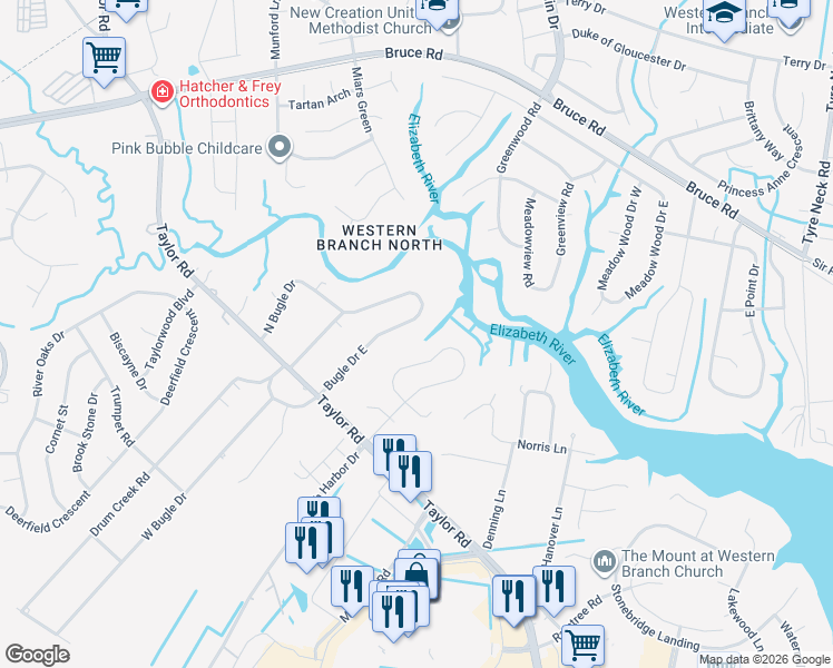 map of restaurants, bars, coffee shops, grocery stores, and more near 2340 North Bugle Drive in Chesapeake
