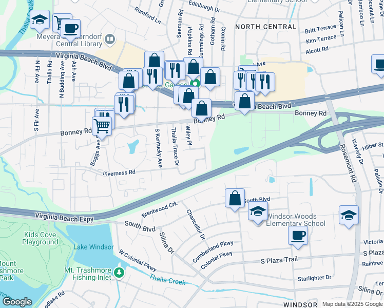 map of restaurants, bars, coffee shops, grocery stores, and more near 3907 Pollypine Drive in Virginia Beach
