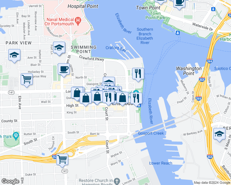 map of restaurants, bars, coffee shops, grocery stores, and more near 343 London Street in Portsmouth