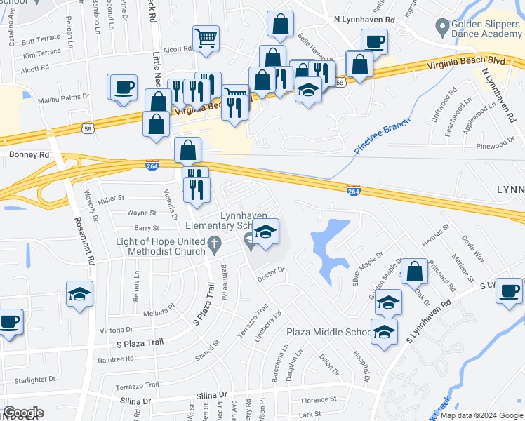 map of restaurants, bars, coffee shops, grocery stores, and more near 3321 Rainier Court in Virginia Beach