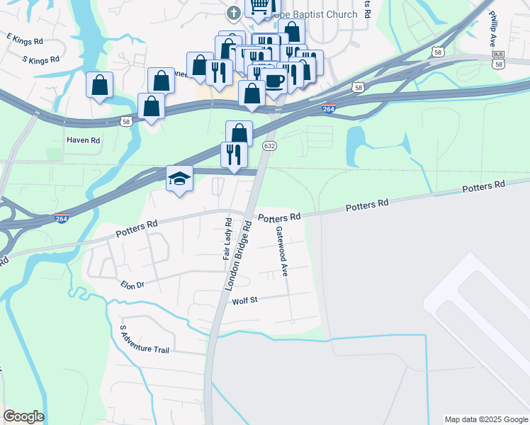 map of restaurants, bars, coffee shops, grocery stores, and more near 2244 Potters Road in Virginia Beach