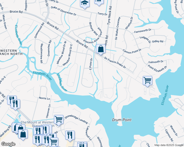 map of restaurants, bars, coffee shops, grocery stores, and more near 2920 E Point Dr in Chesapeake