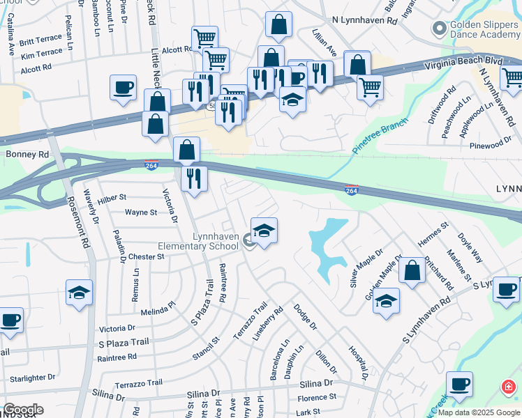 map of restaurants, bars, coffee shops, grocery stores, and more near 3321 Rainier Court in Virginia Beach