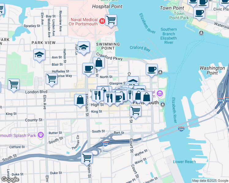 map of restaurants, bars, coffee shops, grocery stores, and more near 515 London Street in Portsmouth