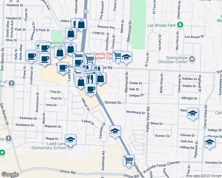 map of restaurants, bars, coffee shops, grocery stores, and more near 1840 Black Forest Drive in Hollister