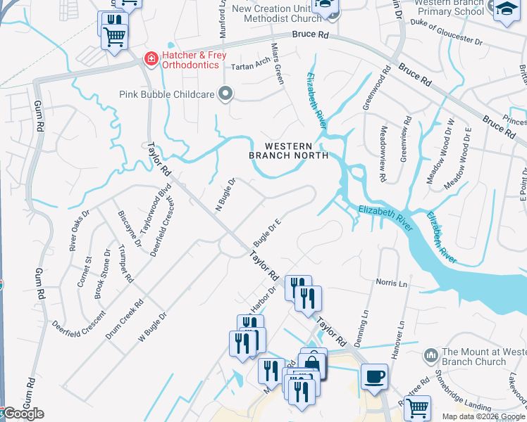 map of restaurants, bars, coffee shops, grocery stores, and more near 2305 Drum Creek Road in Chesapeake